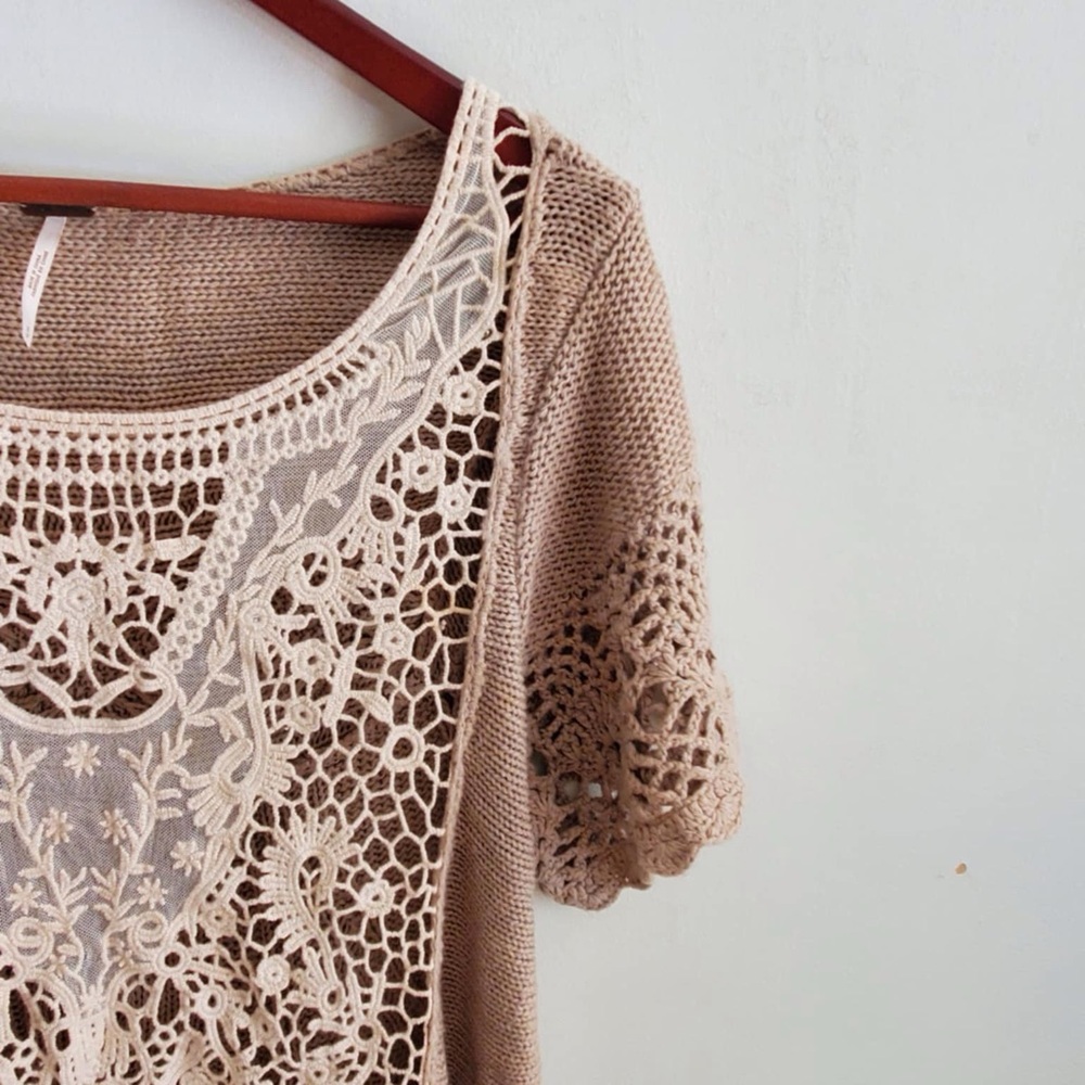 Free People Lace Crochet Short Sleeve Sweater - Picture 3 of 8